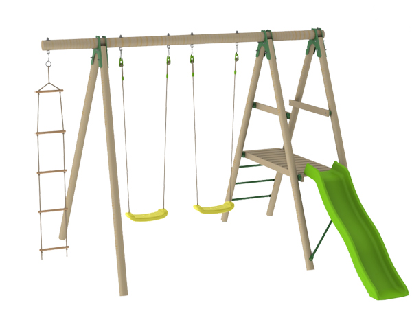 WOODEN SWING SET 2.30 M (3 accessories + platform with a slide)