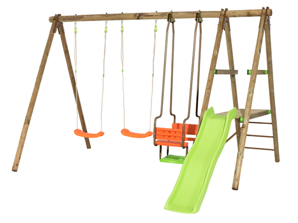 Wooden swing set 2,30 m (3 accessories) + a plateform + a slide