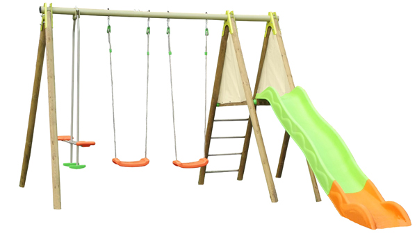 TECHWOOD METAL/WOODEN SWING SET 2.30 M (3 ACCESSORIES + PLATFORM + A SLIDE)